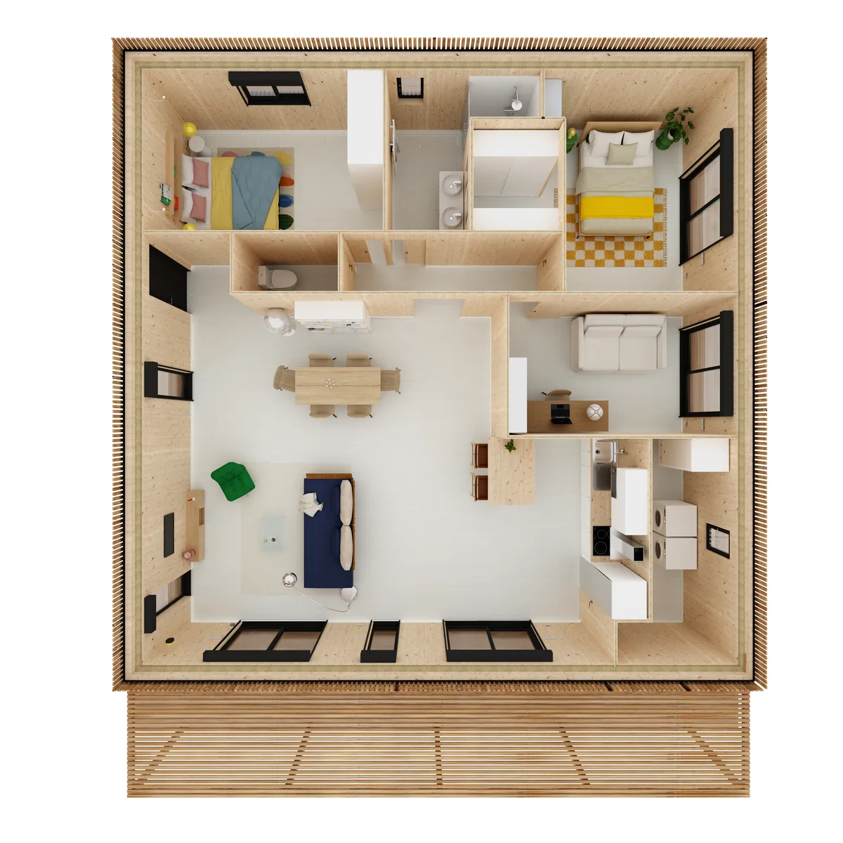 Vue axonométrique de l'agencement de la maison M100C, 100 m² de plain-pied