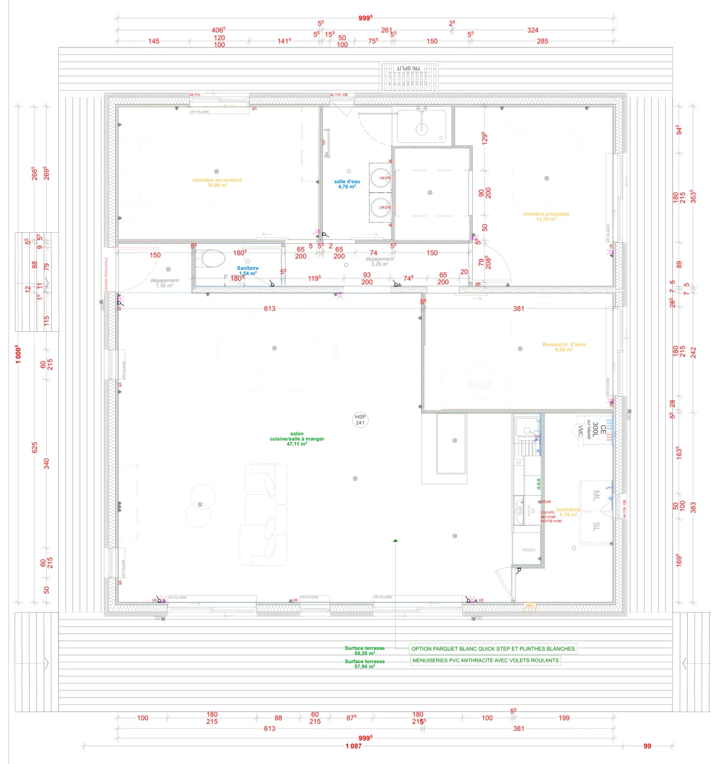 Plan coté de la maison M100C, 100 m² de plain-pied