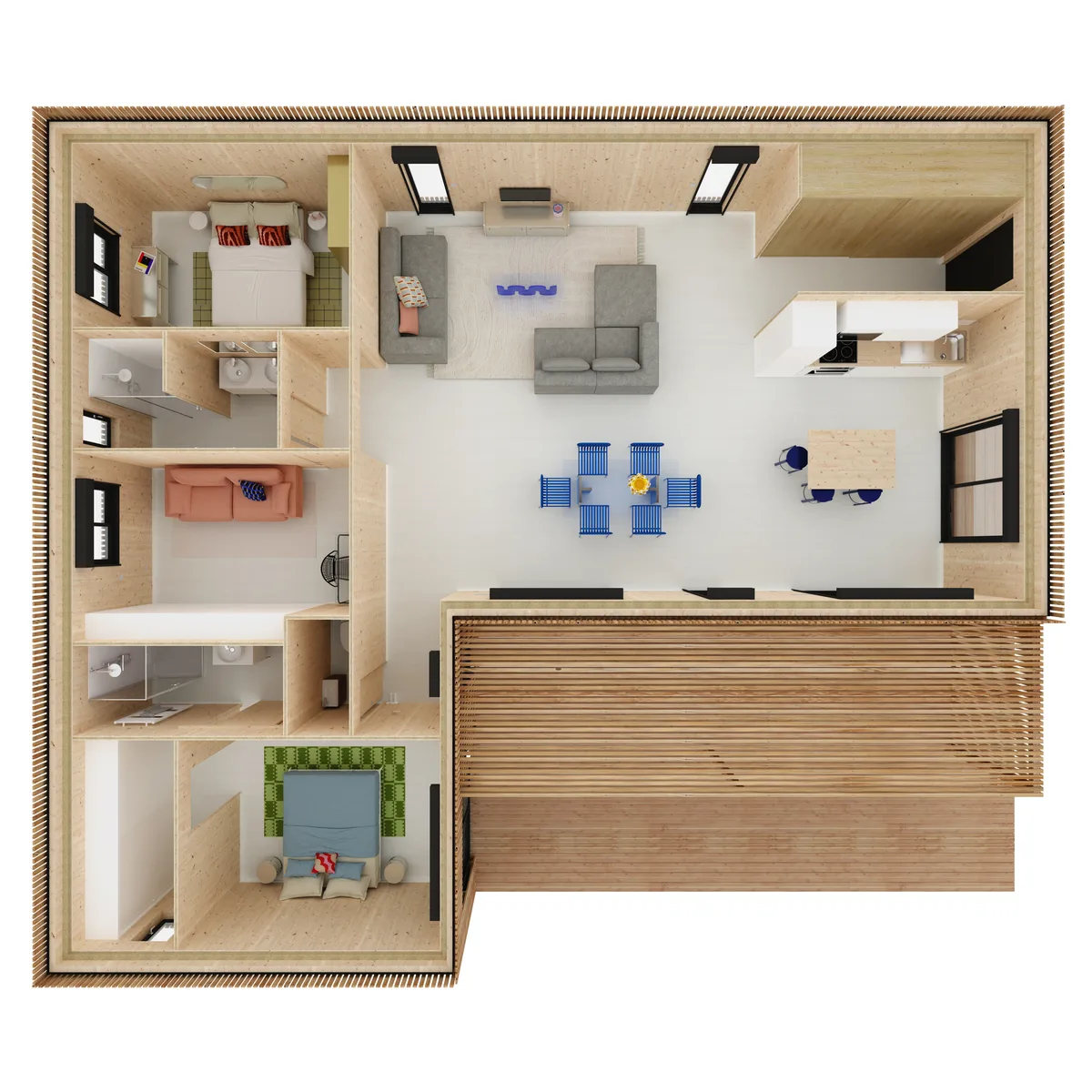 Vue axonométrique de l'agencement de la maison M100L, 100 m² de plain-pied