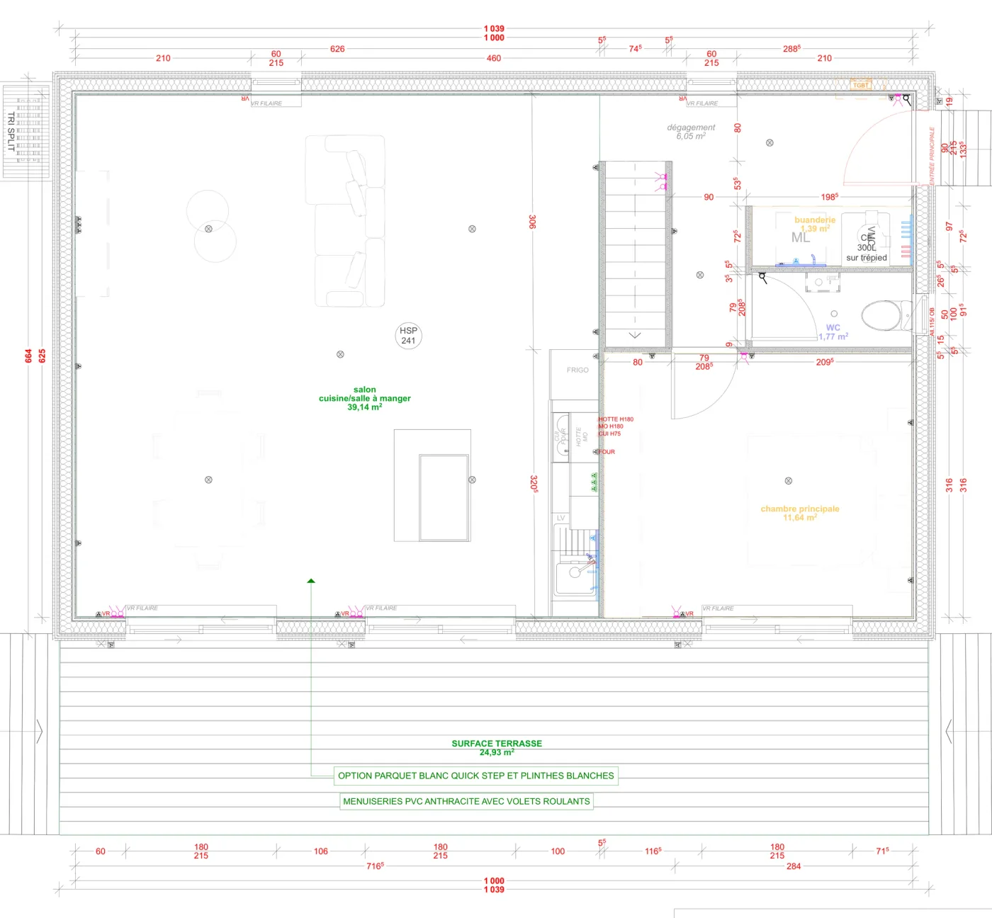 Plan coté du rez-de-chaussée de la maison M100T, 100 m² à étage
