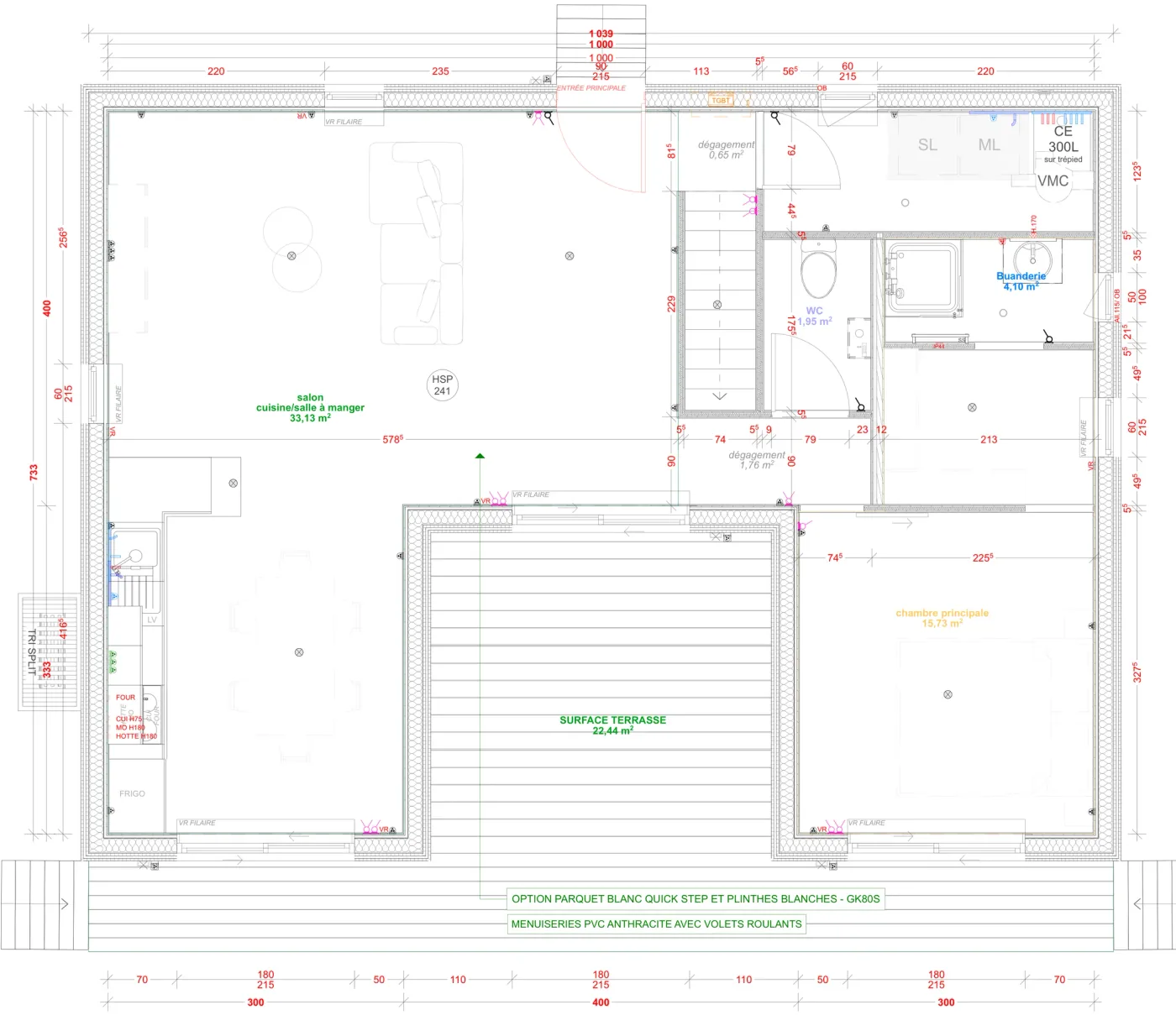 Plan coté du rez-de-chaussée de la maison M100UT, 100 m² à étage