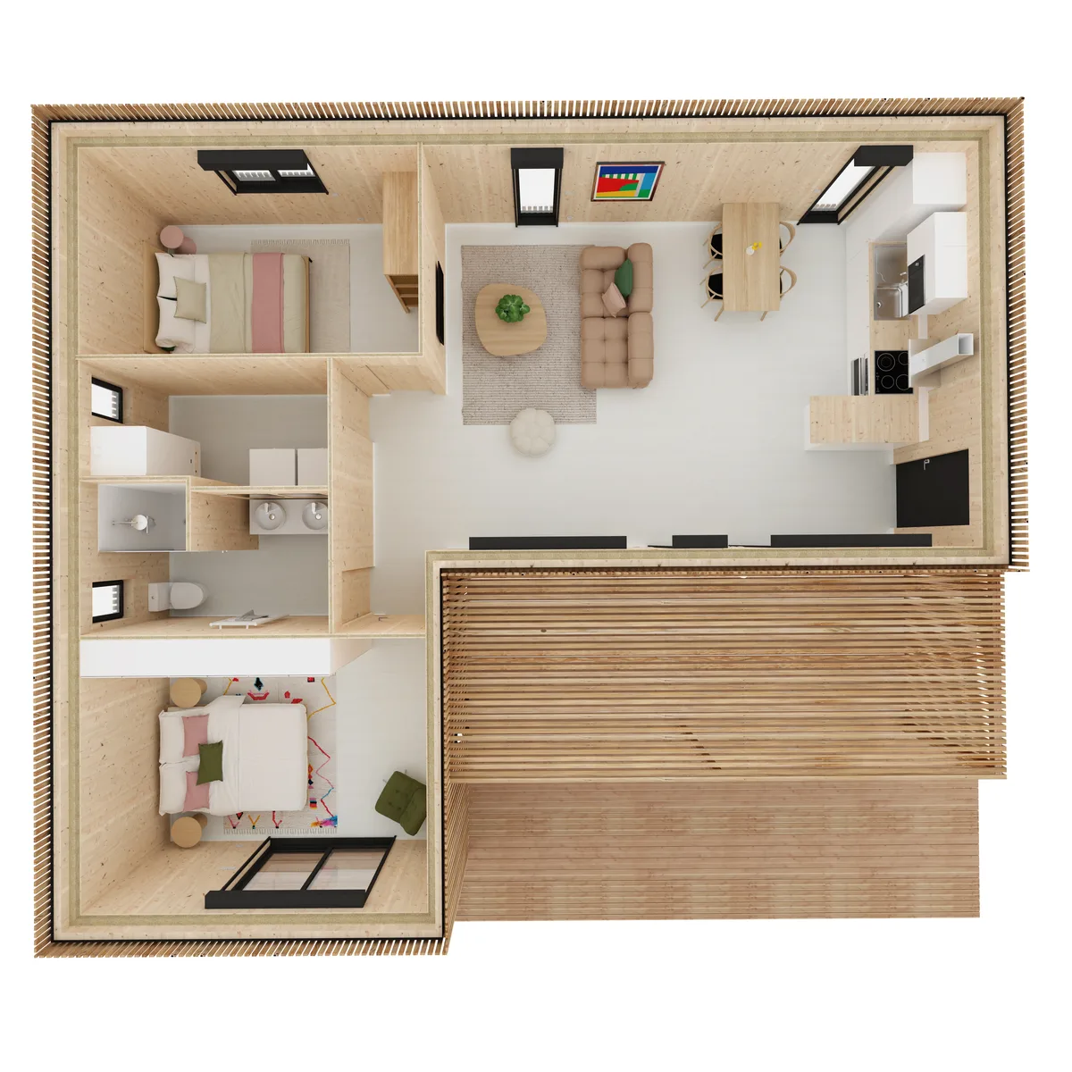 Vue axonométrique de l'agencement de la maison M60L, 60 m² de plain-pied