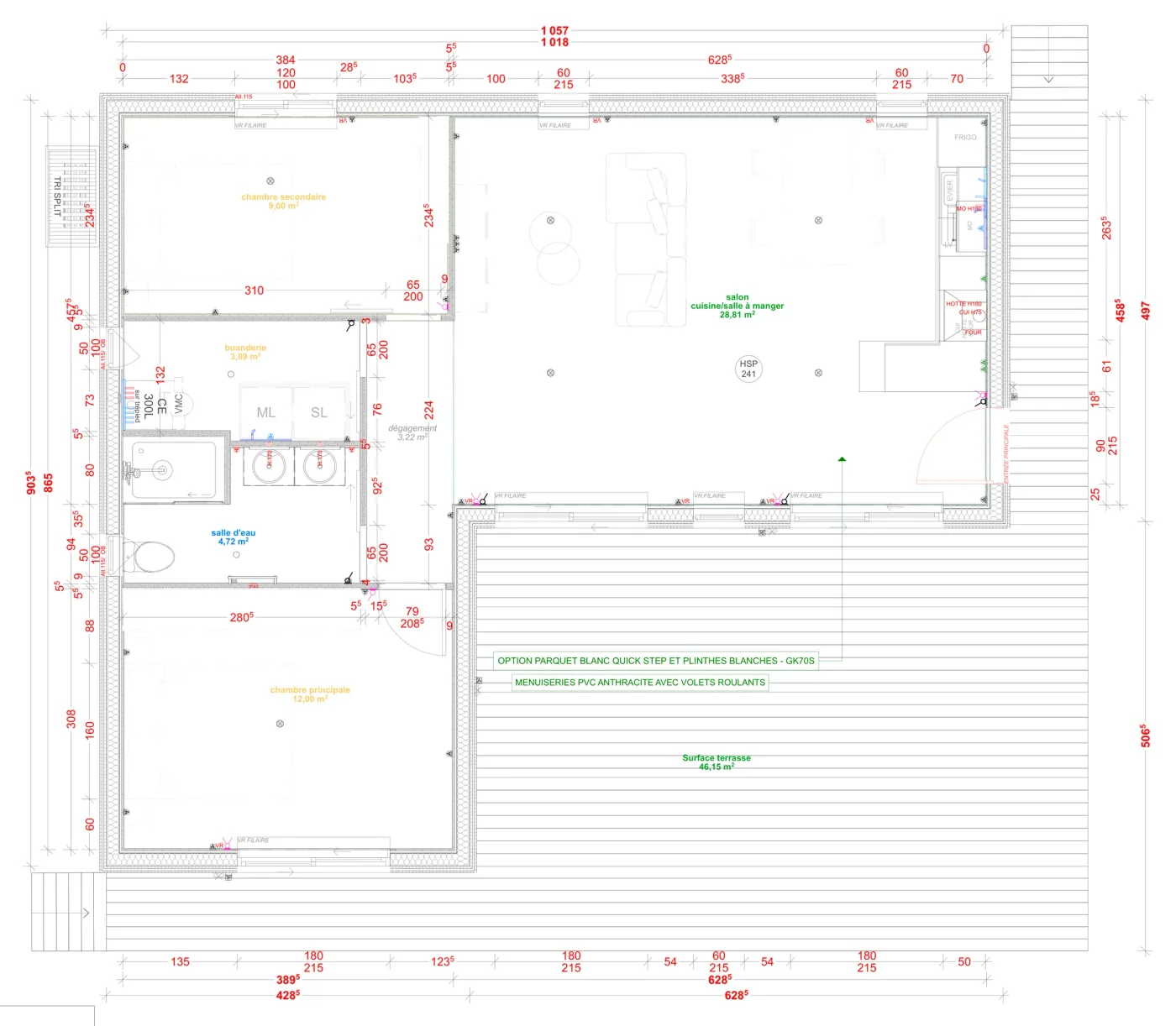 Plan coté de la maison M60L, 60 m² de plain-pied