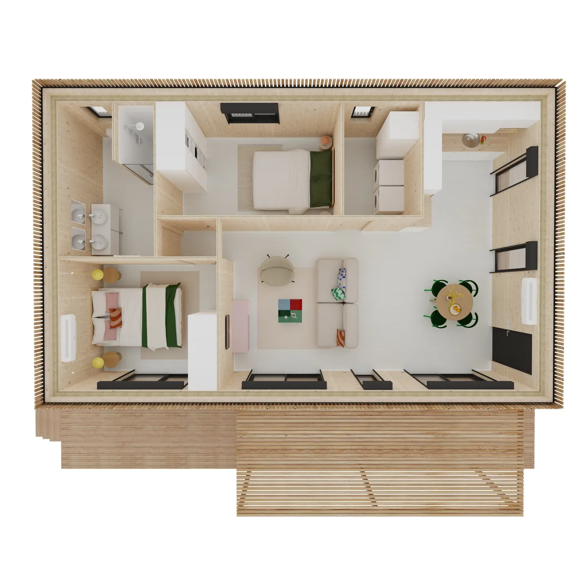 Vue axonométrique de l'agencement de la maison M60R, 60 m² de plain-pied