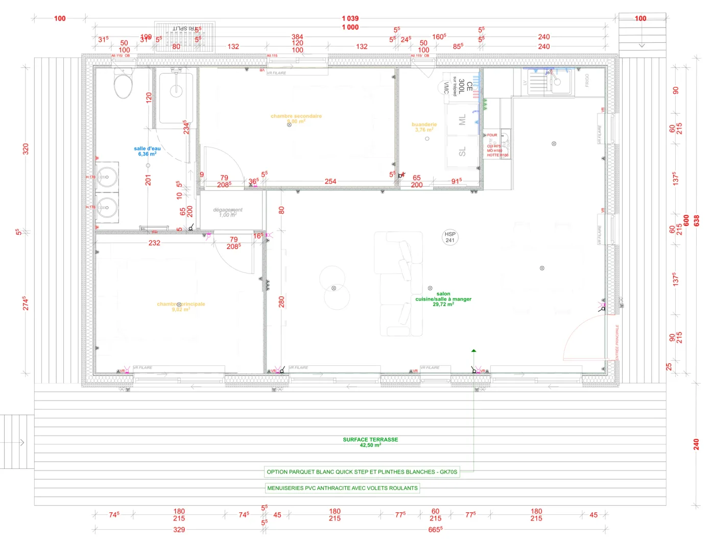 Plan coté de la maison M60R, 60 m² de plain-pied
