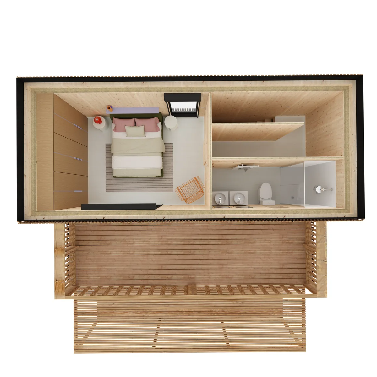 Vue axonométrique de l'agencement de la maison M60T, 60 m² à étage