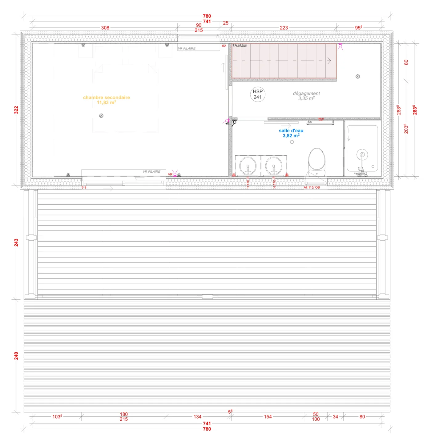 Plan coté de l'étage de la maison M60T, 60 m² à étage