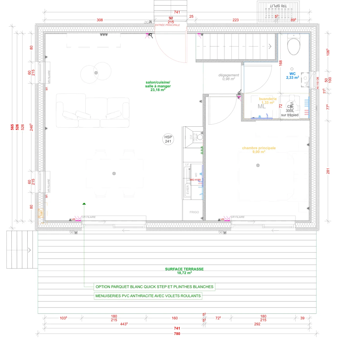 Plan coté du rez-de-chaussée de la maison M60T, 60 m² à étage