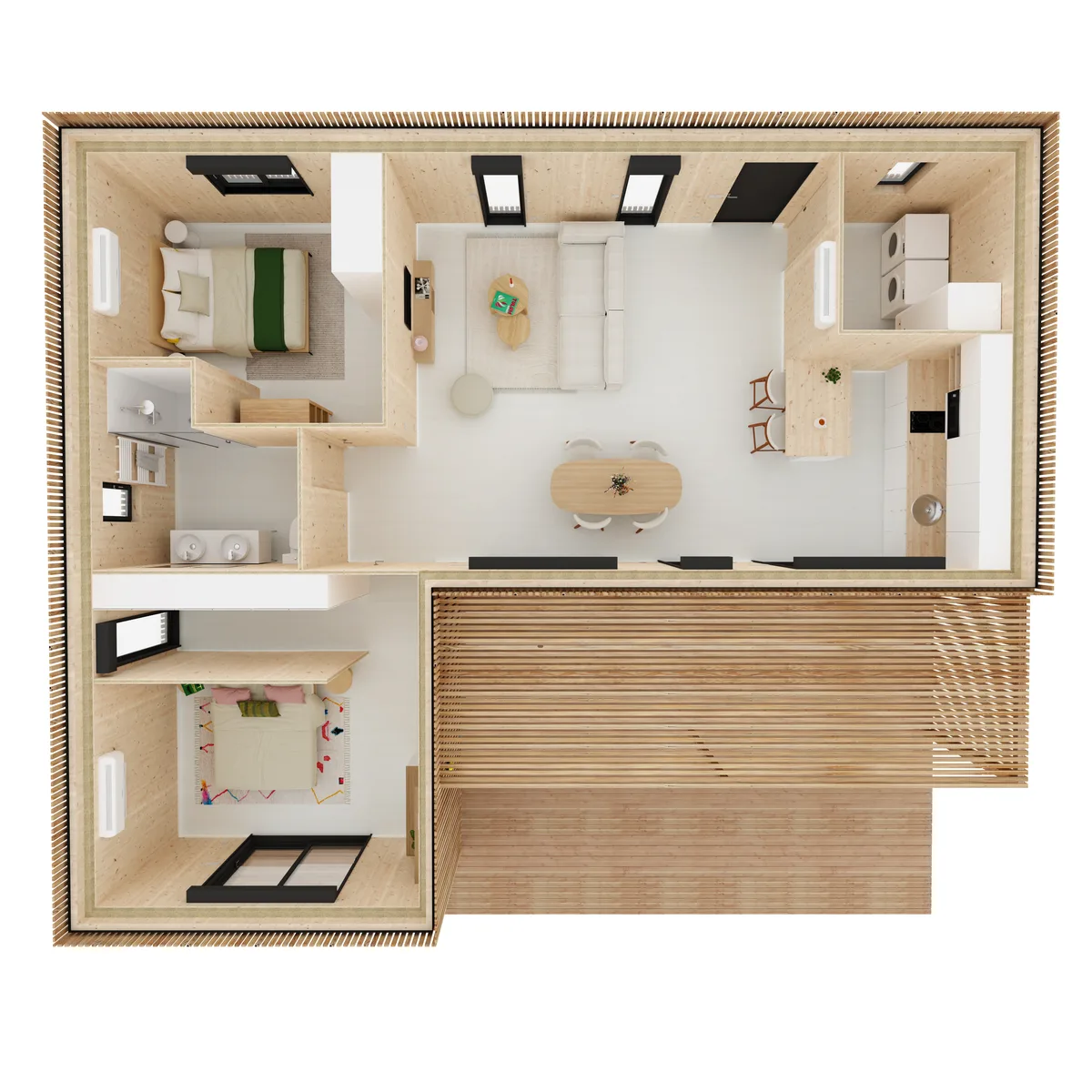Vue axonométrique de l'agencement de la maison M70L, 70 m² de plain-pied