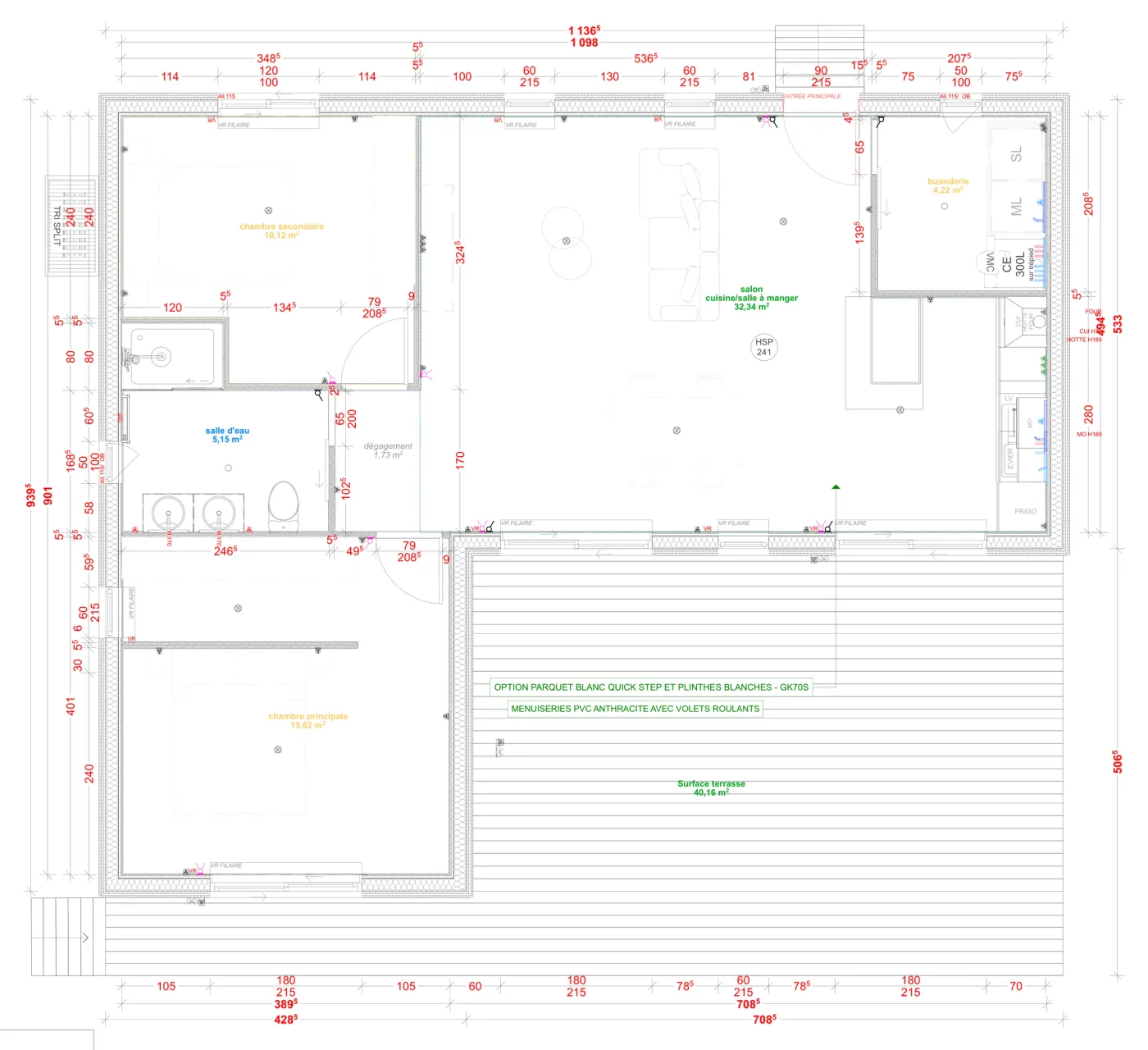Plan coté de la maison M70L, 70 m² de plain-pied