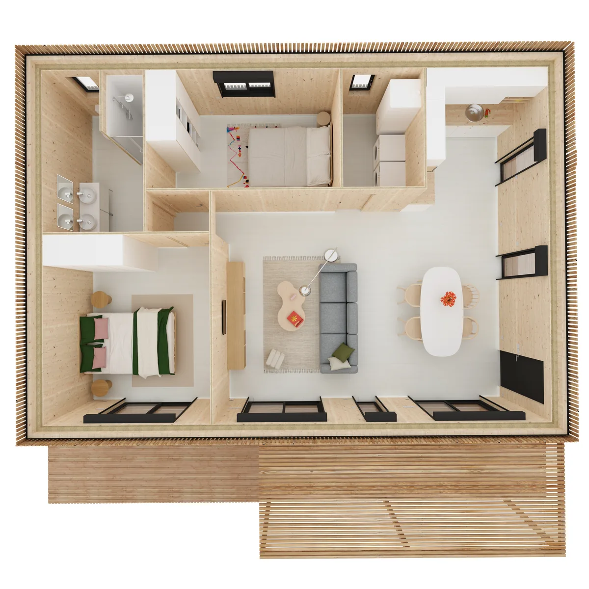 Vue axonométrique de l'agencement de la maison M70R, 70 m² de plain-pied