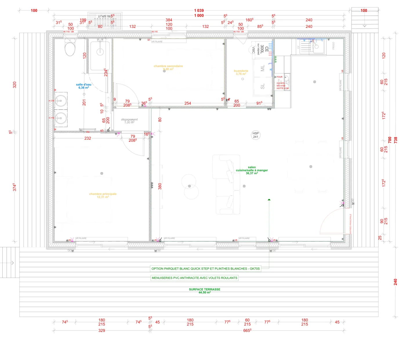 Plan coté de la maison M70R, 70 m² de plain-pied