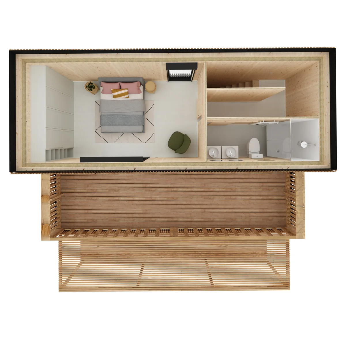 Vue axonométrique de l'agencement de la maison M70T, 70 m² à étage