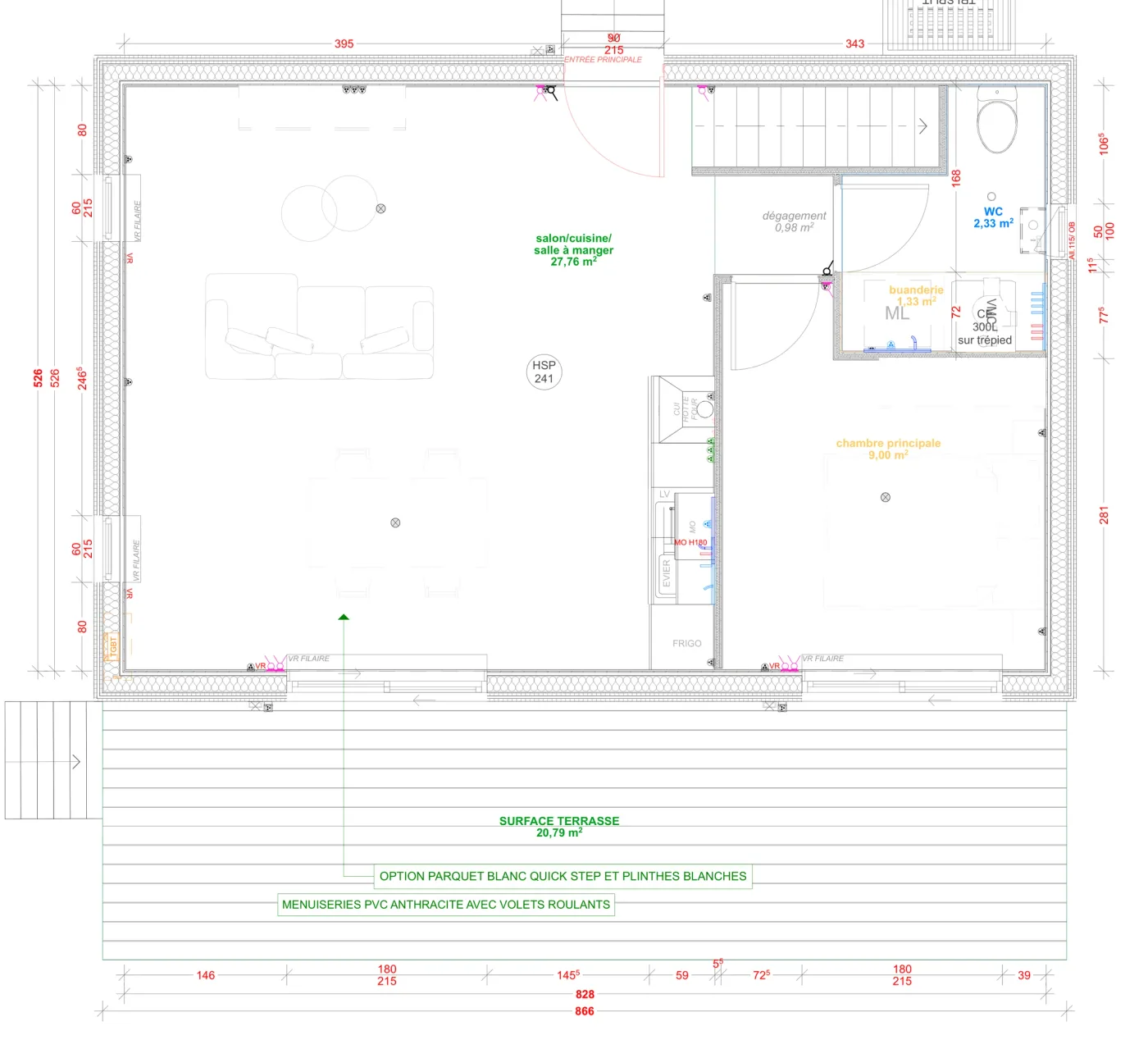 Plan coté du rez-de-chaussée de la maison M70T, 70 m² à étage