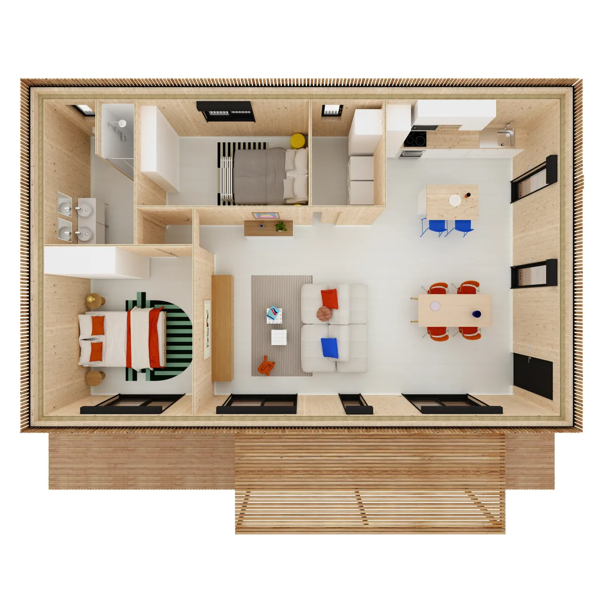 Vue axonométrique de l'agencement de la maison M80R, 80 m² de plain-pied