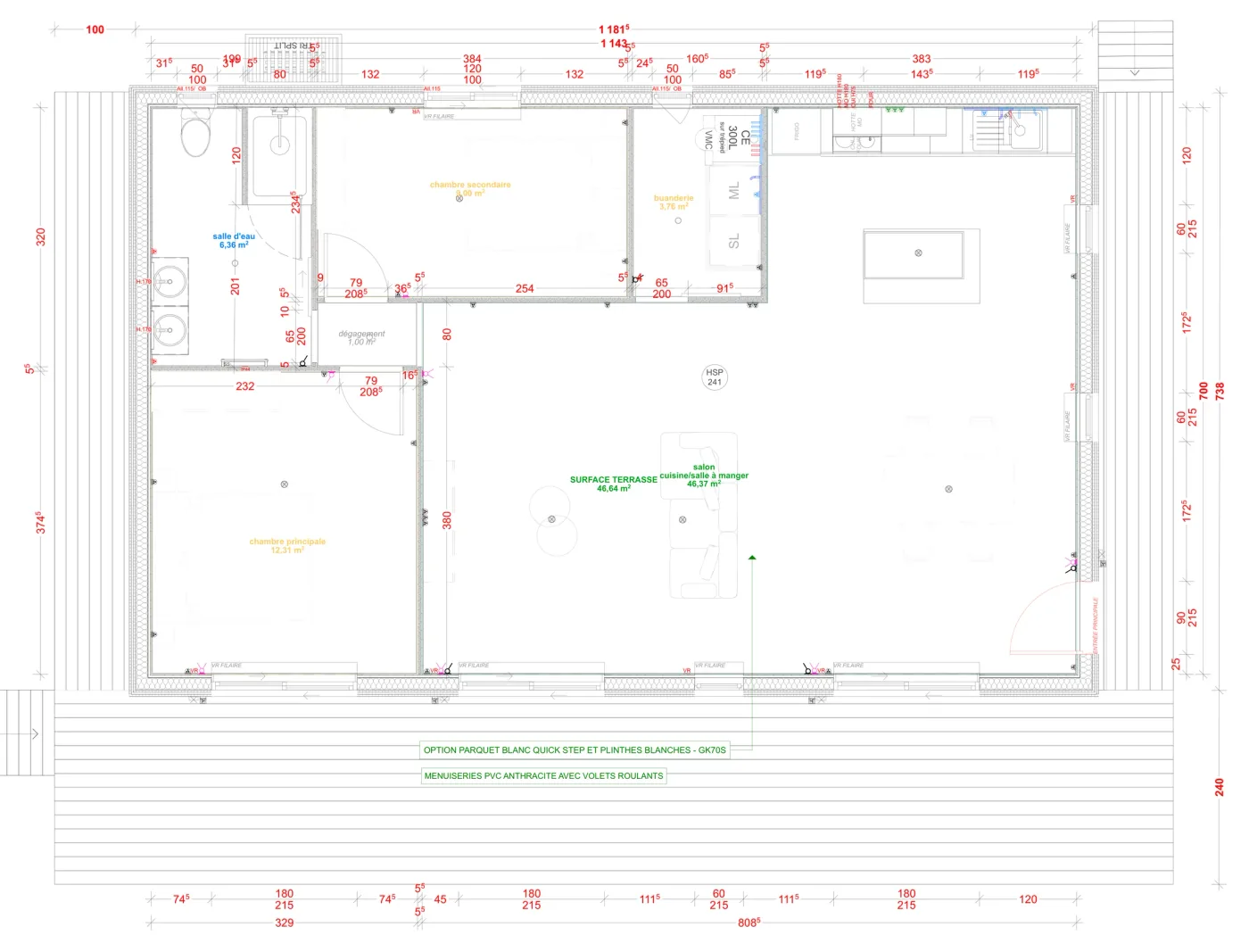 Plan coté de la maison M80R, 80 m² de plain-pied