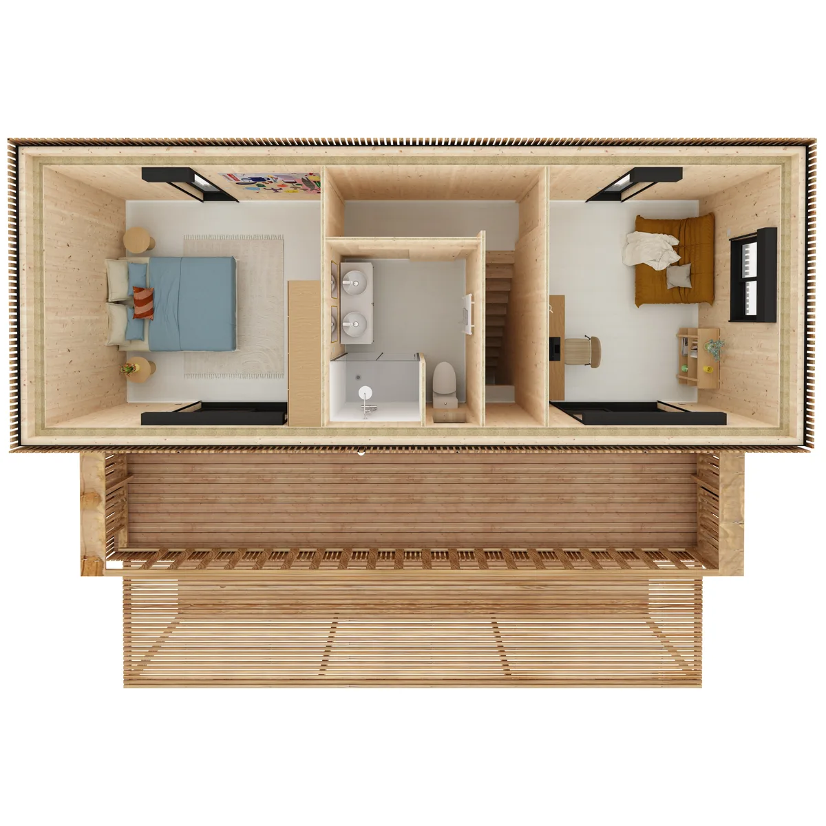 Vue axonométrique de l'agencement de la maison M80T, 80 m² à étage