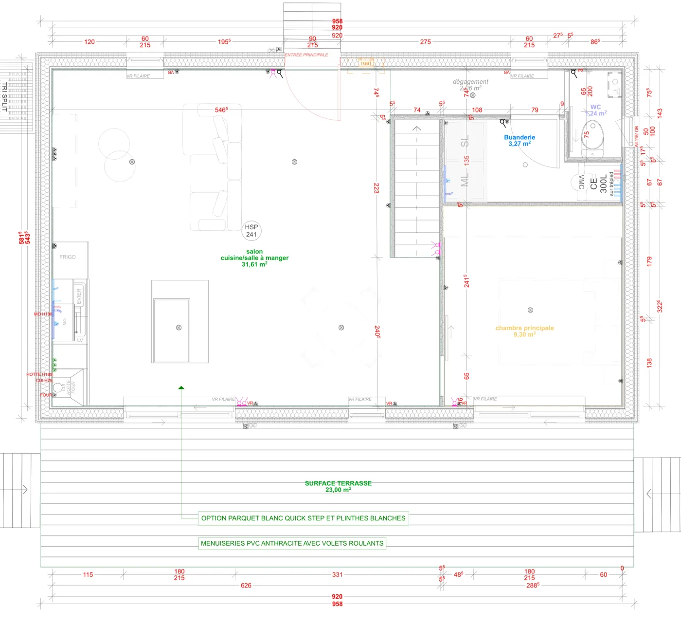 Plan coté du rez-de-chaussée de la maison M80T, 80 m² à étage
