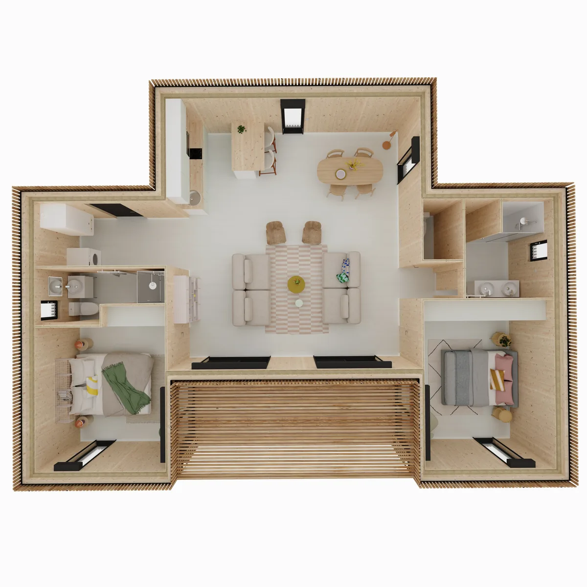 Vue axonométrique de l'agencement de la maison M80U, 80 m² de plain-pied