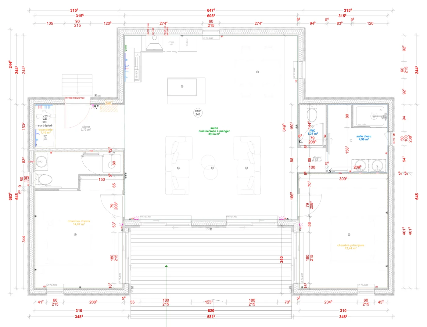 Plan coté de la MI80U, 80 m² en U : chaque pièce cotée avec sa surface, le document remis lors de l'étude de votre projet
