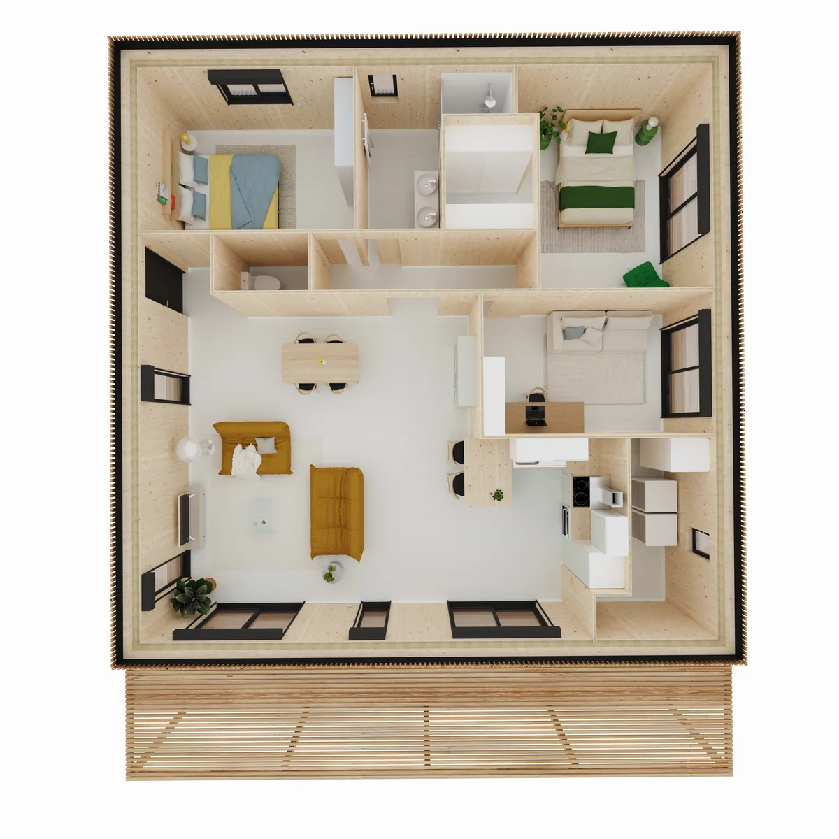 Vue axonométrique de l'agencement de la maison M90C, 90 m² de plain-pied