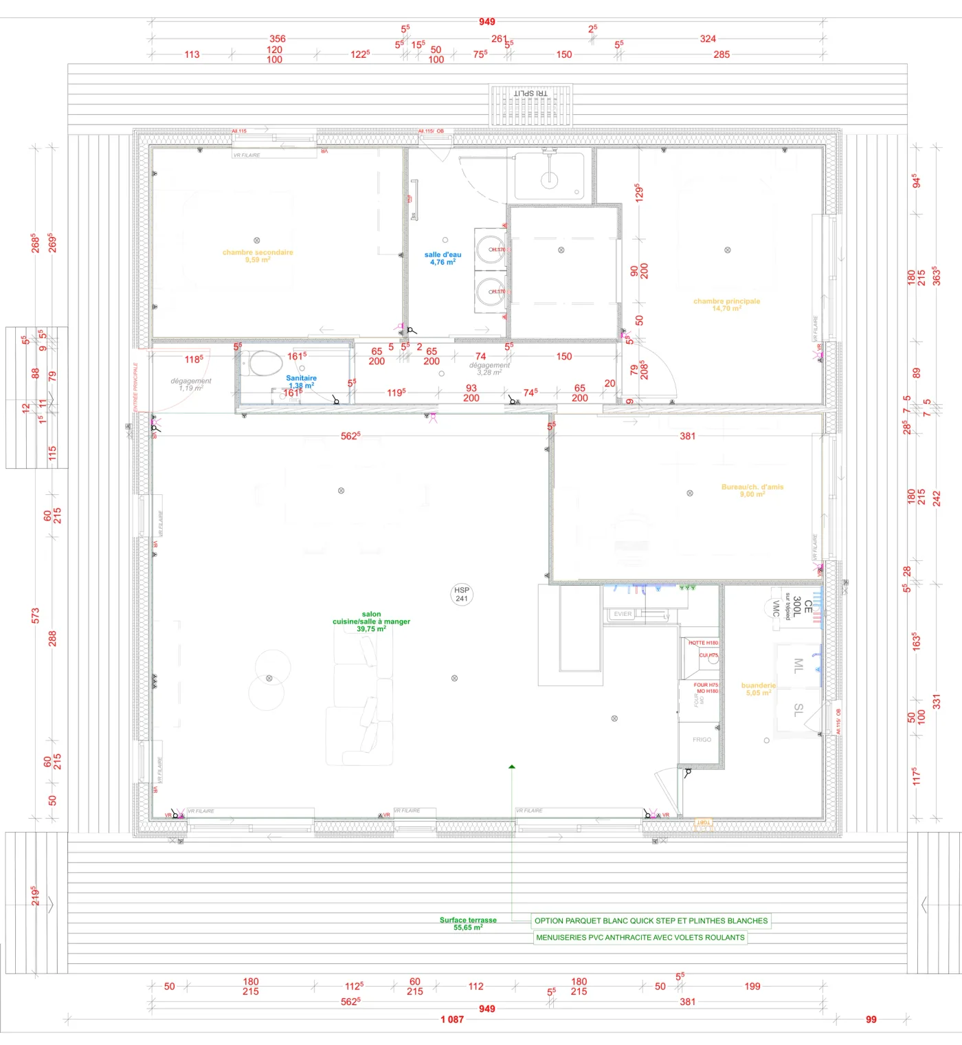 Plan coté de la maison M90C, 90 m² de plain-pied