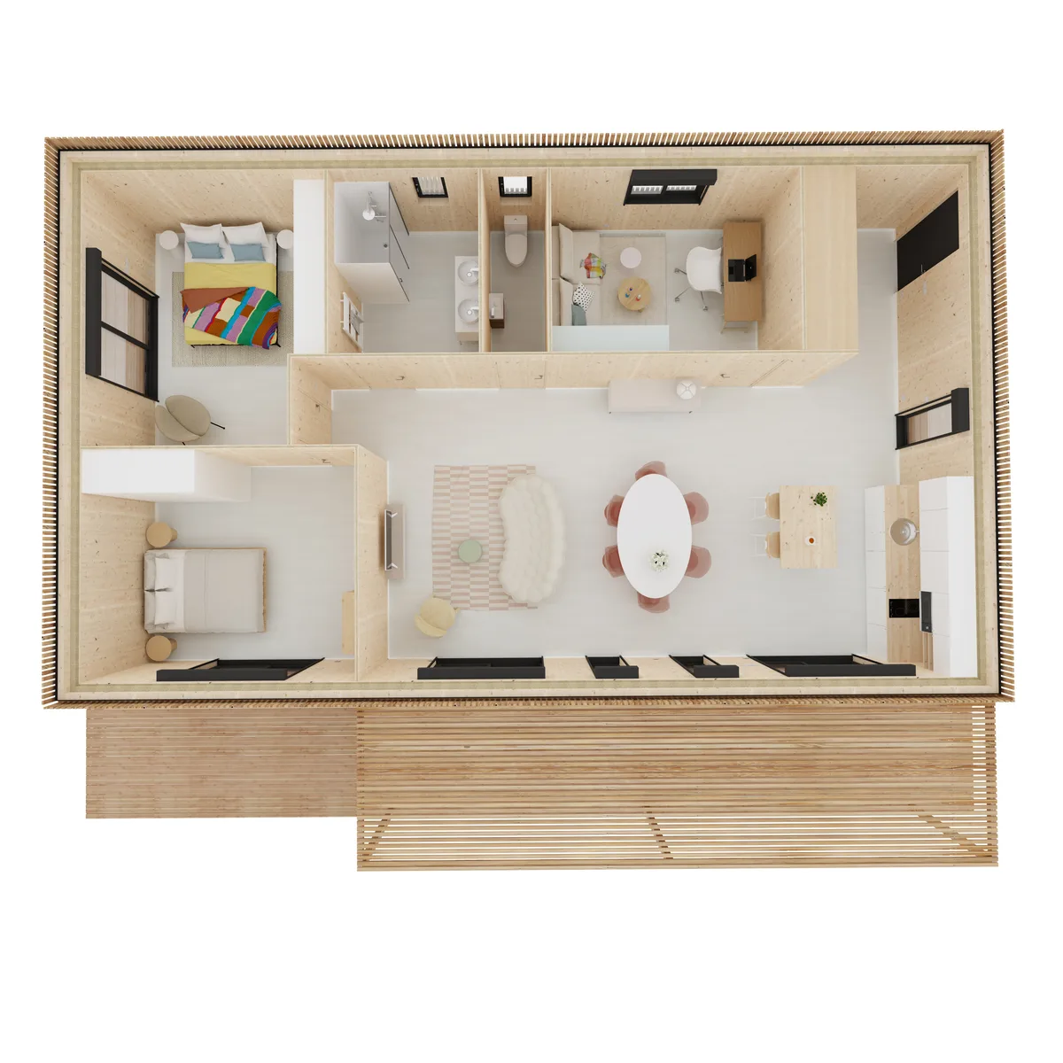 Vue axonométrique de l'agencement de la maison M90R, 90 m² de plain-pied