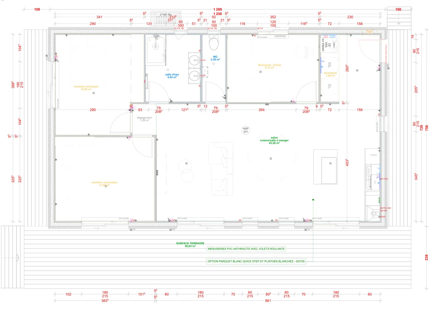 Plan coté de la maison M90R, 90 m² de plain-pied