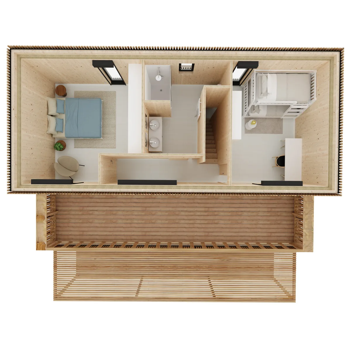 Vue axonométrique de l'agencement de la maison M90T, 90 m² à étage
