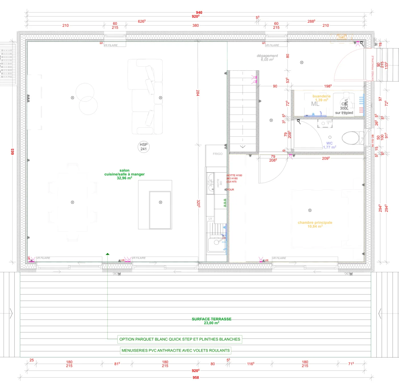 Plan coté du rez-de-chaussée de la maison M90T, 90 m² à étage