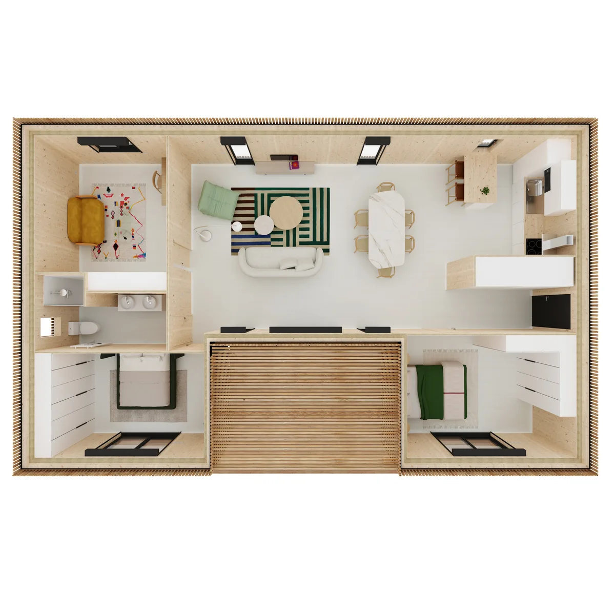 Vue axonométrique de l'agencement de la maison M90U, 90 m² de plain-pied