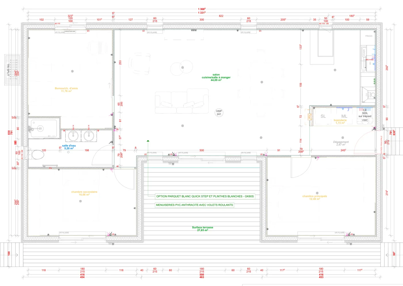 Plan coté de la maison M90U, 90 m² de plain-pied