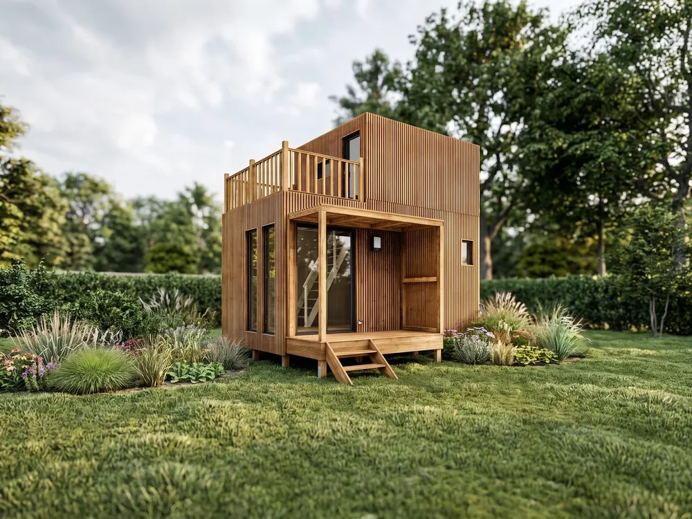 Studio Greenkub GK25T, toit plat, bardage bois naturel