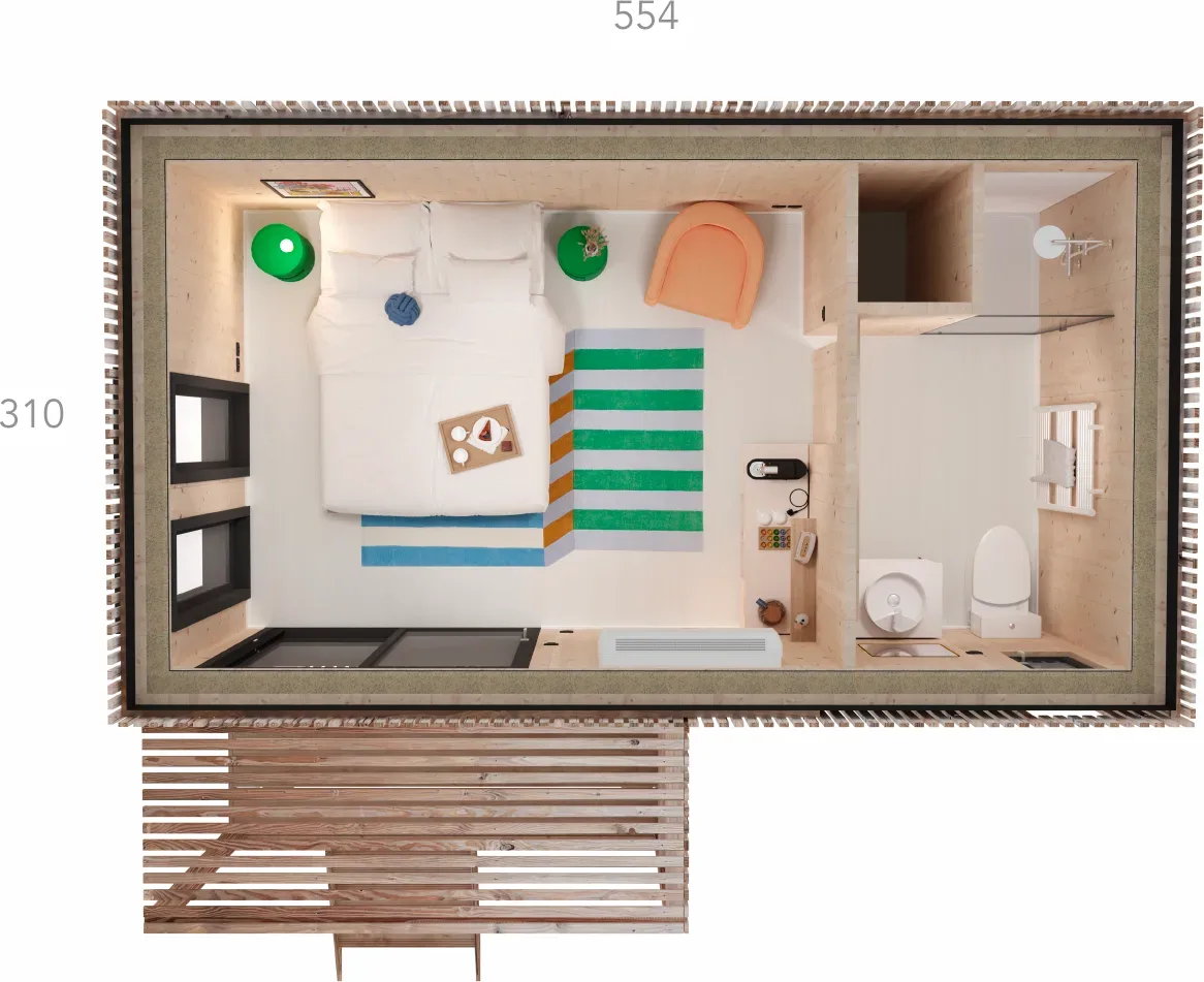 Vue axonométrique du studio Greenkub GK15 montrant l'implantation des volumes