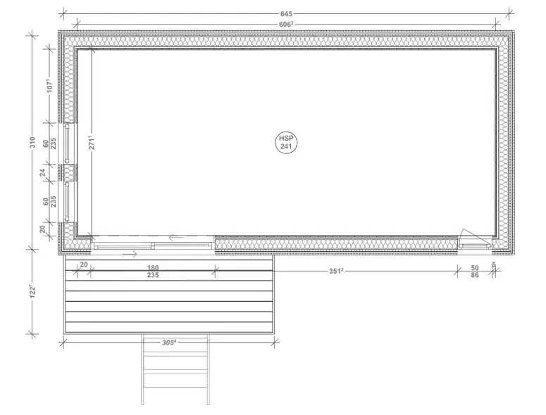 Plan coté du studio Greenkub GK20, 20 m² : séjour, coin nuit, kitchenette et salle d'eau