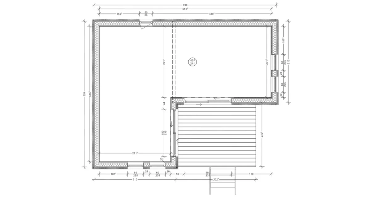 Plan coté du studio Greenkub GK25, 25 m² : séjour, coin nuit, kitchenette et salle d'eau