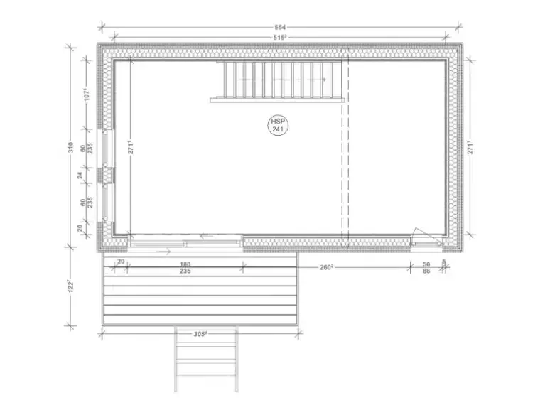 Plan coté du studio Greenkub GK25T, 25 m² au rez-de-chaussée : séjour, coin nuit, kitchenette et salle d'eau