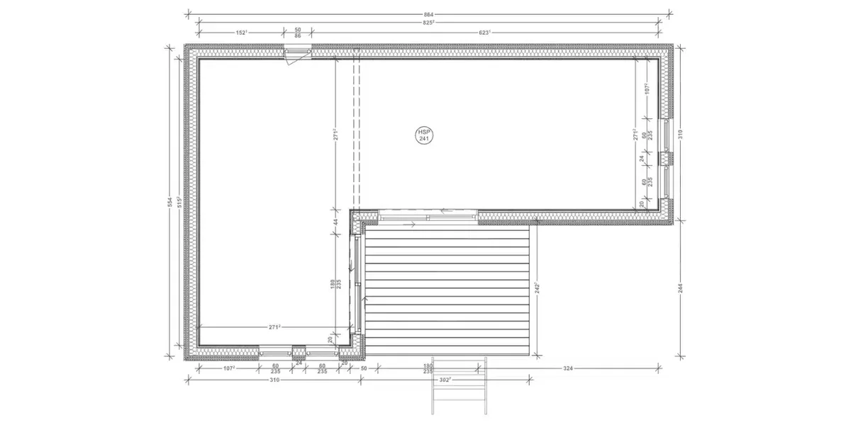 Plan coté du studio Greenkub GK30, 30 m² : séjour, coin nuit, kitchenette et salle d'eau