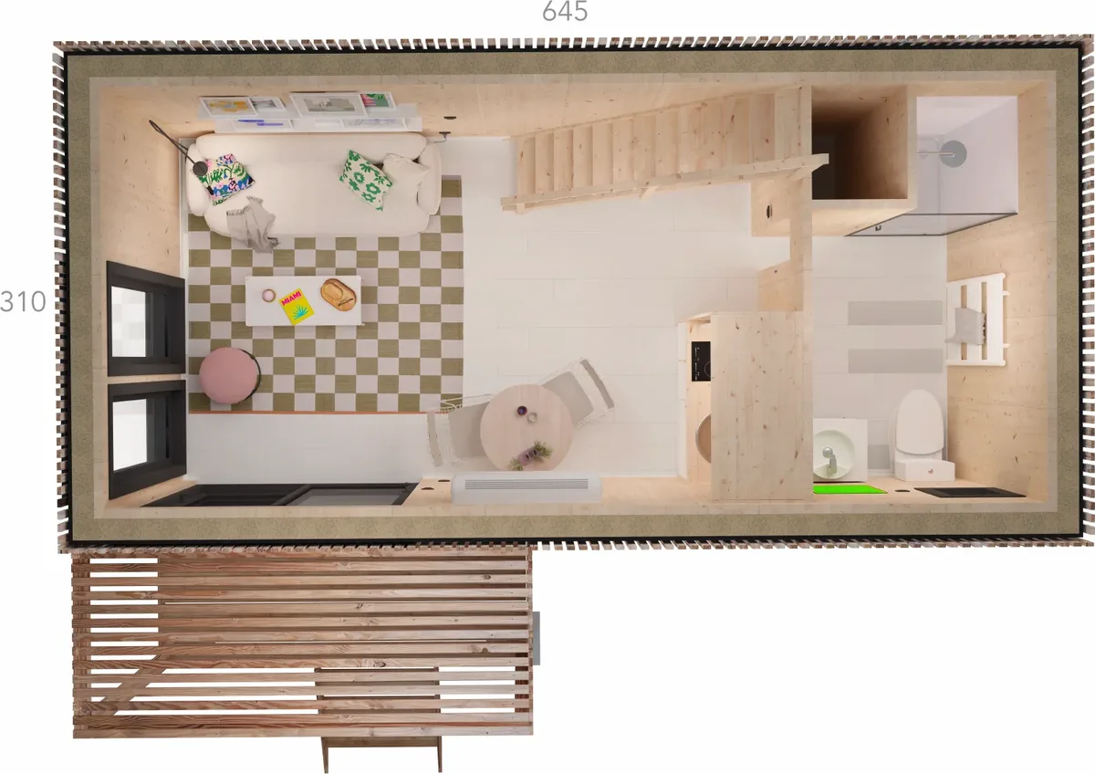 Vue axonométrique du studio Greenkub GK30T montrant l'implantation des volumes