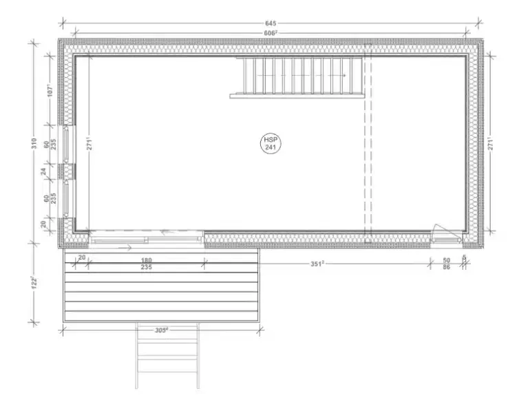 Plan coté du studio Greenkub GK30T, 30 m² au rez-de-chaussée : séjour, coin nuit, kitchenette et salle d'eau