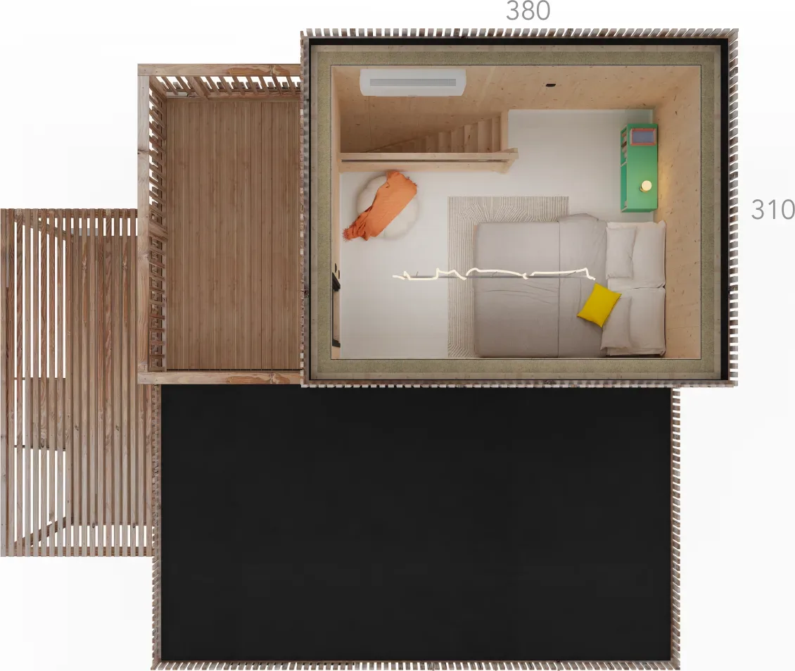 Vue axonométrique du studio Greenkub GK40T montrant l'implantation des volumes