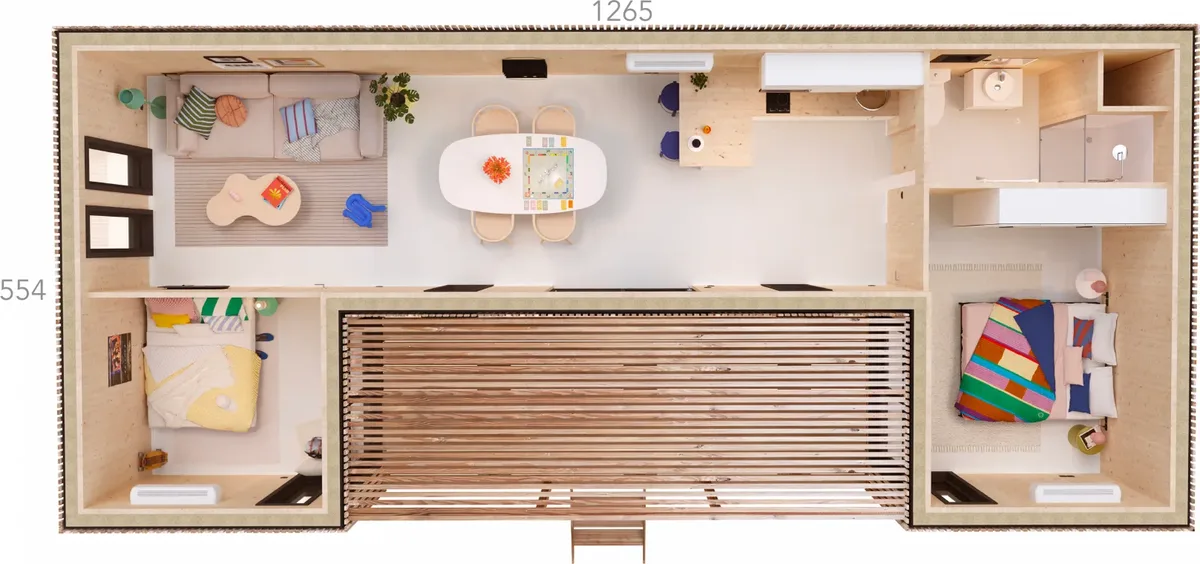 Vue axonométrique du studio Greenkub GK50 montrant l'implantation des volumes