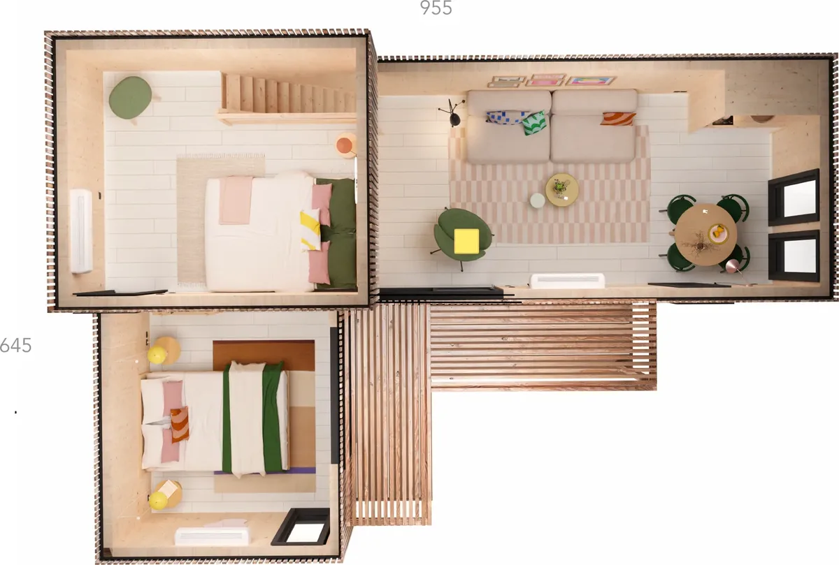 Vue axonométrique du studio Greenkub GK50T montrant l'implantation des volumes