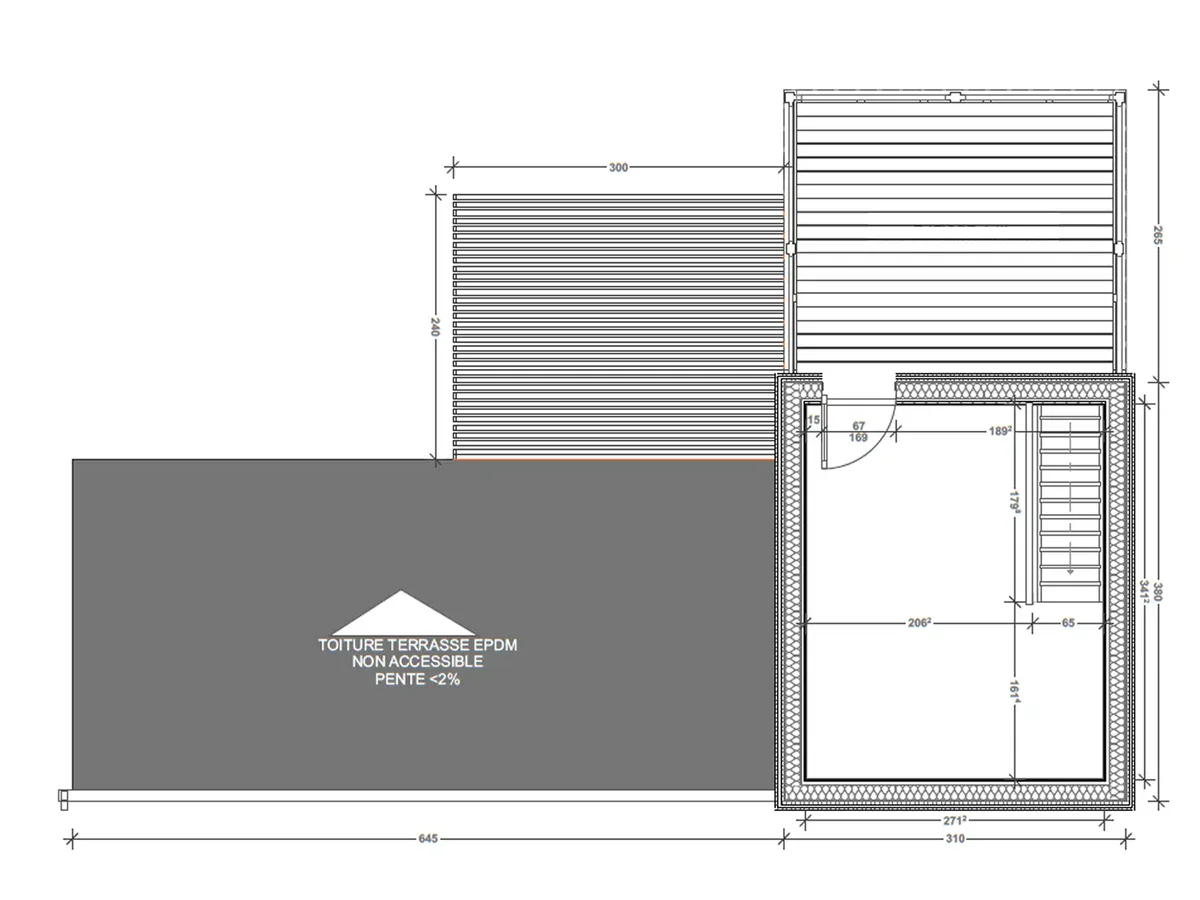 Plan coté de l'étage du studio Greenkub GK50T, 50 m² sur deux niveaux