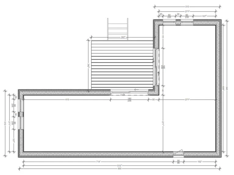 Plan coté du studio Greenkub GK50T, 50 m² au rez-de-chaussée : séjour, coin nuit, kitchenette et salle d'eau