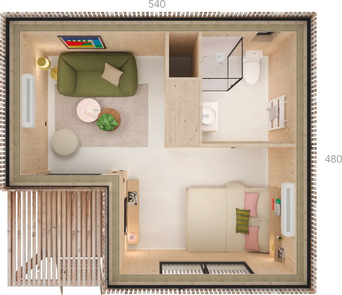 Plan coté du studio Greenkub RAK20, 20 m² : séjour, coin nuit, kitchenette et salle d'eau