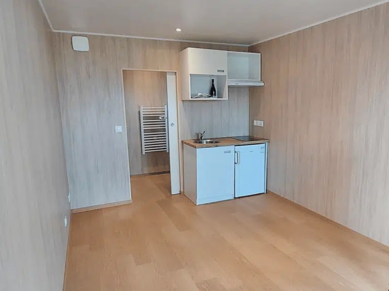 Pièce vide avec une cuisine standard dans un studio en bois