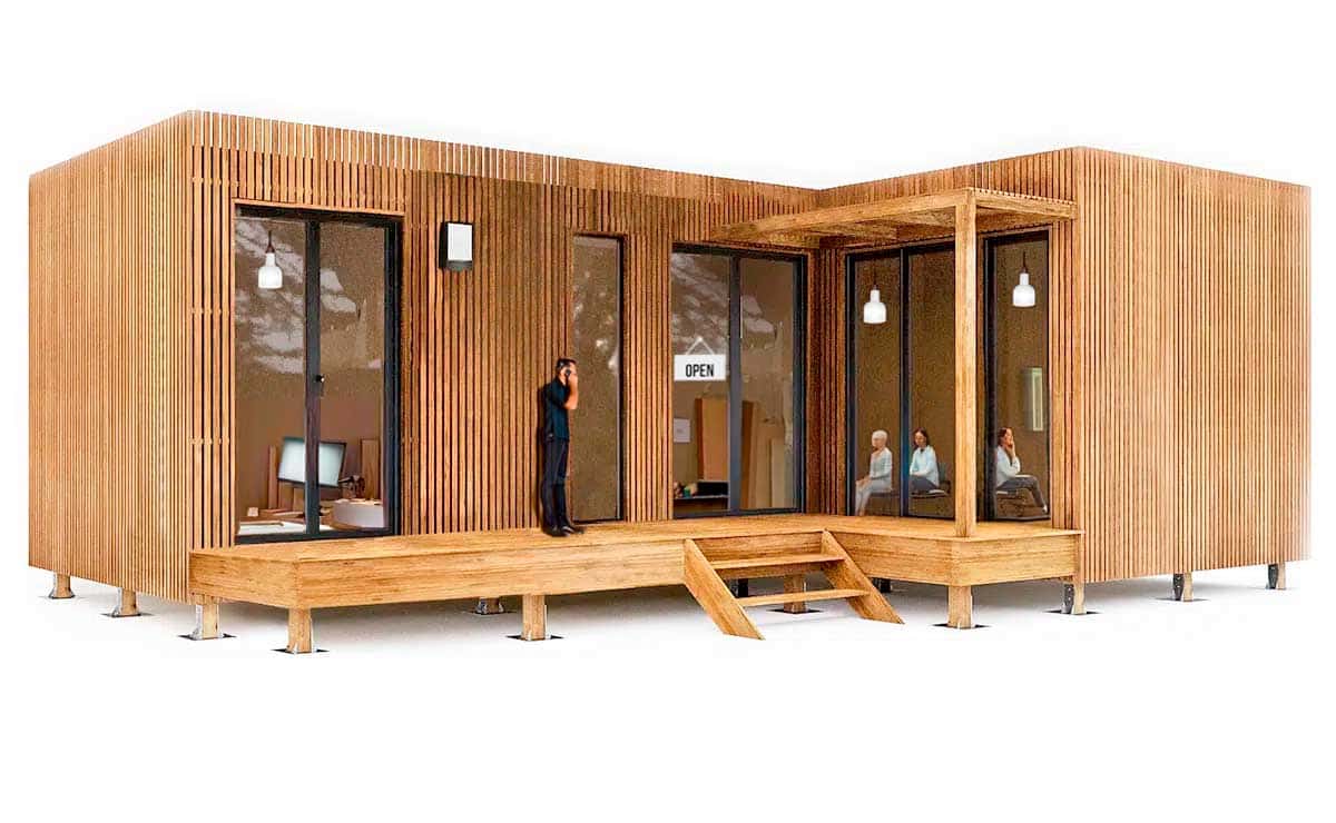 Vue 3D de profil d'un atelier d'artisanat de 40m² en L