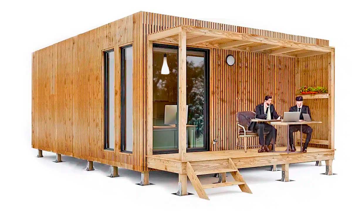 Vue 3D de profil d'un bureau de jardin de 30 m² en cube