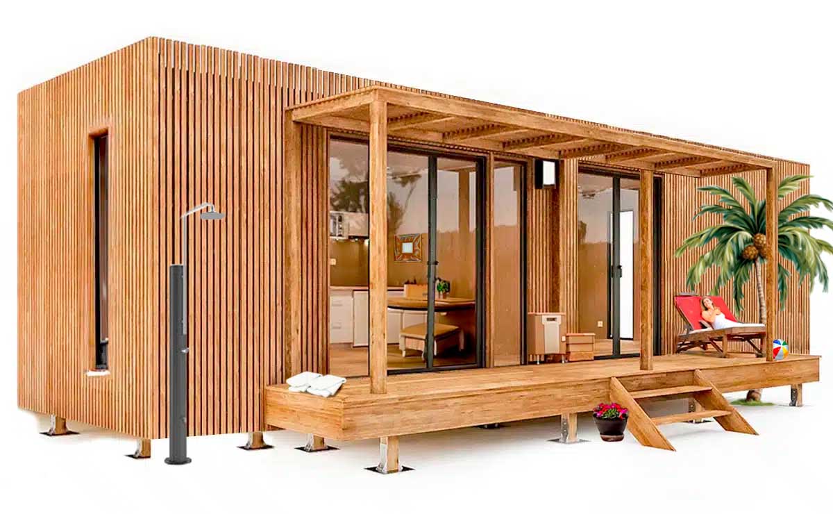 Vue 3D de profil d'un pool house de 40 m² en longueur